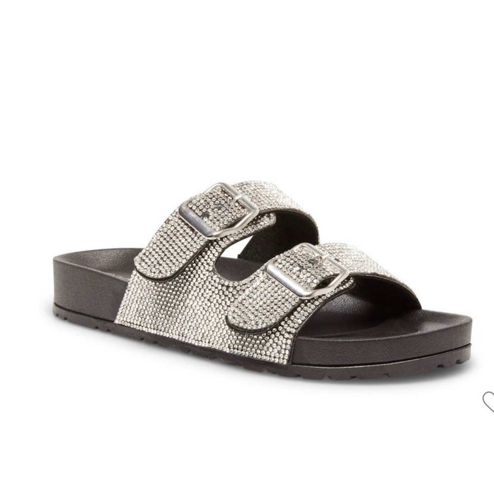 Madden Girl women's rhinestone-embellished double-buckle slide sandals NWOT 8